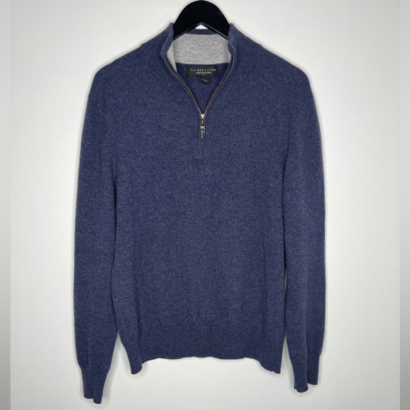 Bloomingdale’s 100% Cashmere 1/4 Zip Sweater Mens Blue Pullover Luxury Knit